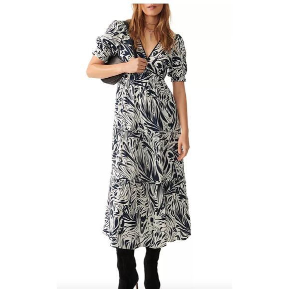 BA&SH Calas Abstract Print Midi Lady Dress Black and White Boho Size Small - Picture 1 of 12